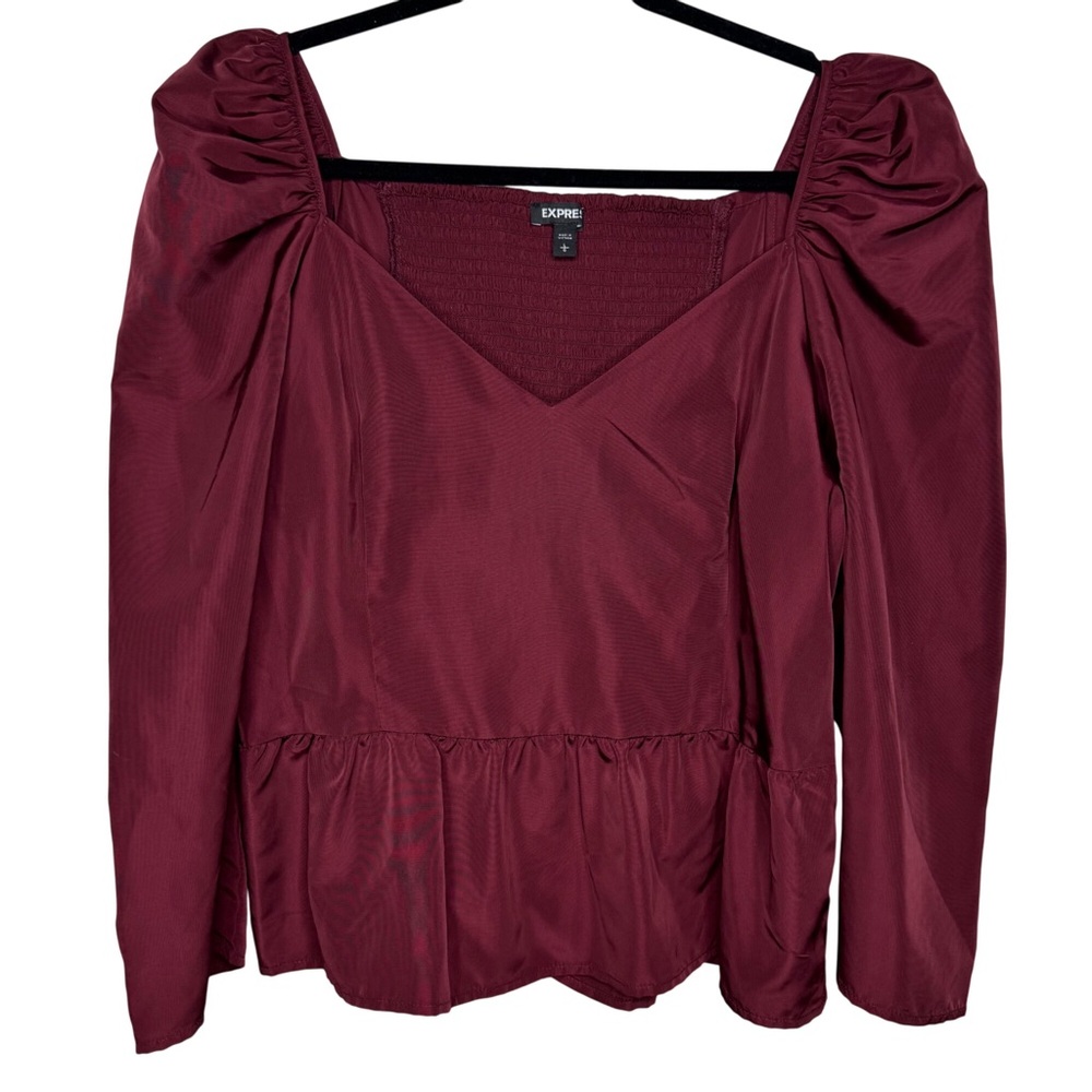Express Wine Cabernet Puff Sleeve Peplum Smocked Sweetheart Neck Top Women sz L